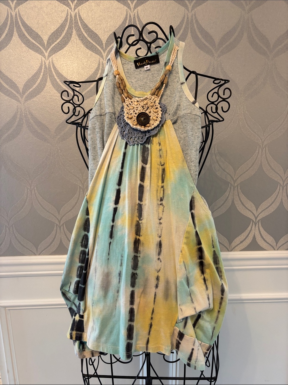 Hannah Banana Yellow & Teal Tie-Dye Halter Romper with Crochet Detail